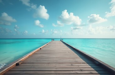 Obraz premium Wooden pier extends into calm turquoise ocean water under a bright blue sky with fluffy clouds. Beautiful seascape leads to infinite horizon, perfect for travel promotion.