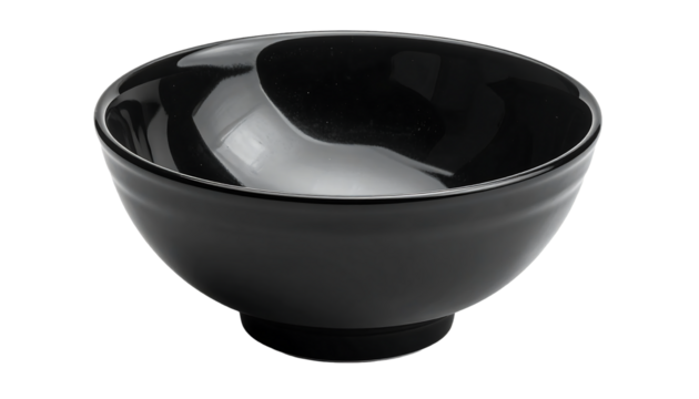 A sleek, glossy black bowl is isolated against a transparent background, showcasing a simple yet modern design. Its curved shape is smooth