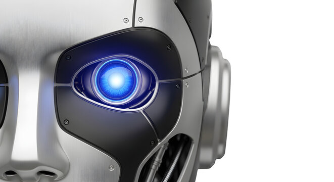 Close up of a futuristic robot eye with a bright blue glowing lens isolated on transparent background