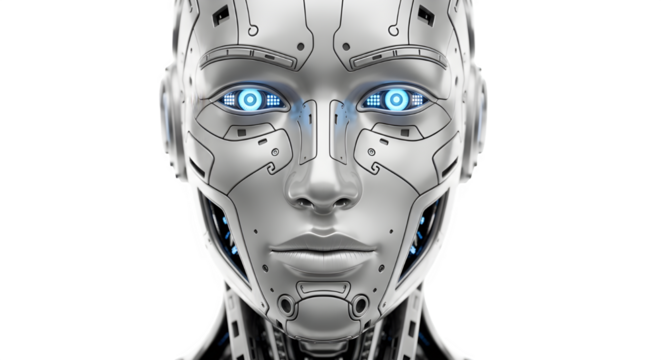 Close up of a futuristic metallic humanoid robot face with glowing blue eyes isolated on transparent background