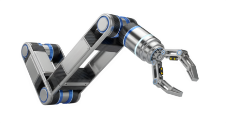 Modern industrial robotic arm with articulated joints and gripper isolated on transparent background