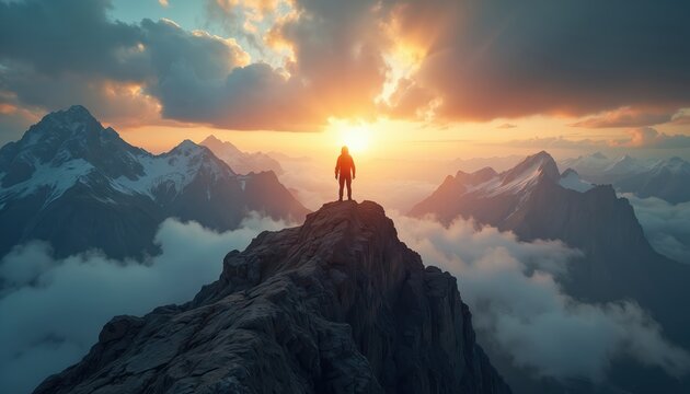 Lone hiker stands on mountain peak at sunrise. Clouds float below snowy peaks. Majestic landscape offers expansive view after arduous climb. This view signifies achievement, freedom, and exploration.