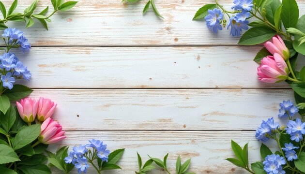 Spring floral frame with pink, blue flowers on light wooden background. Rustic wood plank texture with beautiful blooming plant border. Top view with blank copy space for text, invitation card