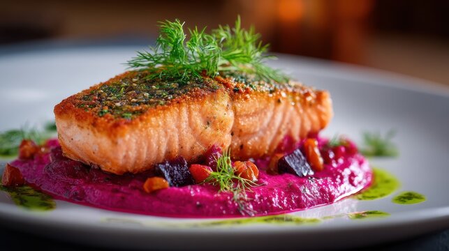 Seared salmon with beetroot pur&eacute;e and dill oil on elegant restaurant plate