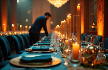 An elegant gala setting in preparation. Event planner arranging table with candles decor. Luxury banquet hall ready for a formal celebration. Evening ambiance is luxurious and sophisticated.