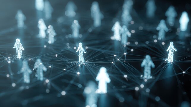 Network of digital people connected through glowing lines representing technology and social interactions in a virtual environment