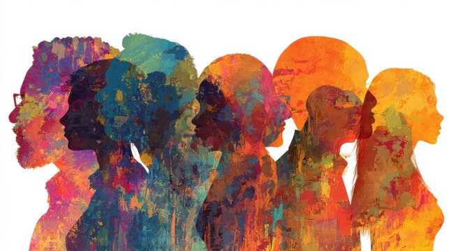 Colorful silhouette artwork showcasing diverse human profiles against a bright abstract background - Powered by Adobe