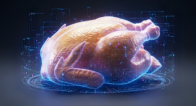Golden roasted turkey enhanced with futuristic data streams, perfect for Thanksgiving promotions, innovative food concepts, or high tech culinary themes, a stunning and modern visual