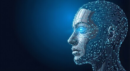 Obraz premium Cyber Technology Concept Vector – Data Flow Circuit Board within Abstract Human Head Profile, Artificial Intelligence Design on Dark Blue Background