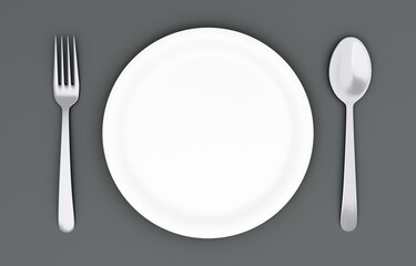 3Dイラスト_皿とカトラリー_黒