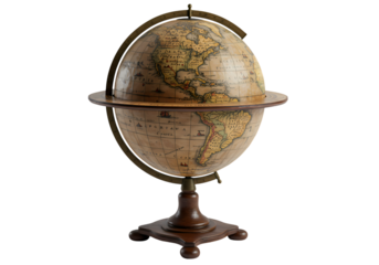 Vintage globe on stand, antique world map detail