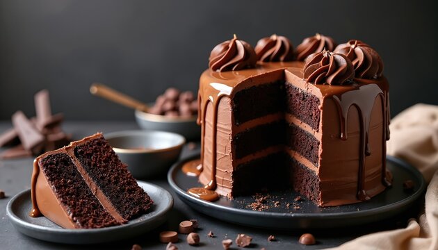Rich chocolate cake with fudge frosting and caramel drizzle. A slice cut reveals layers. Ingredients and toppings visible nearby for baking inspiration. - Powered by Adobe