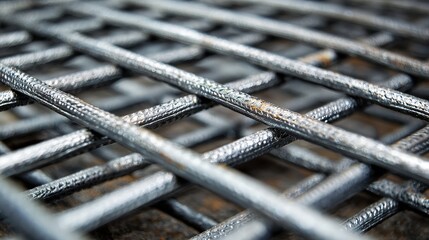 Close-up texture of galvanized welded wire mesh, industrial pattern photography, metal grid detail, construction material macro