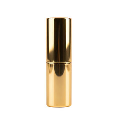A vertical, golden cylinder makeup product isolated against a stark black background. The metallic surface reflects light