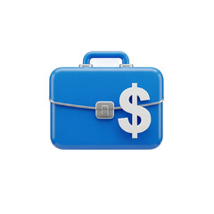 A vibrant, 3D rendered image of a blue briefcase featuring a prominent white dollar sign on its exterior, set against a black backdrop