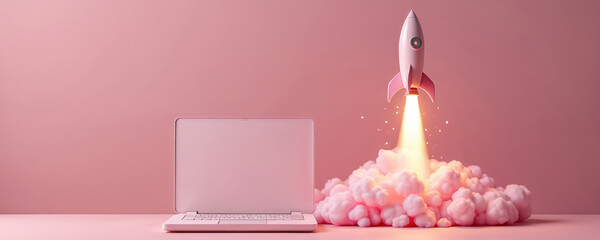 Pink rocket takes off from laptop. Digital startup idea launches into cloud. Fast innovation creates new business growth. Technology advances with speed.
