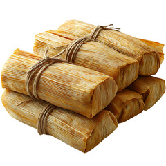 Stack of savory tamales wrapped in corn husks and tied with twine rope on transparent background