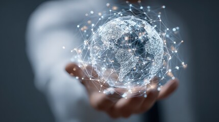3D representation of interconnected globe held in hand symbolizing global networking and technology
