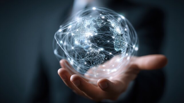 Global connectivity symbolized by a person holding a digital globe showcasing interconnected networks - Powered by Adobe