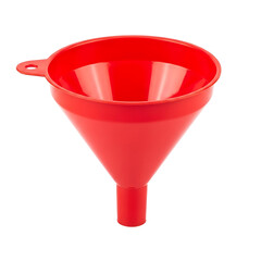 A vibrant, close-up shot of a bright red, plastic funnel. The cone-shaped tool features a wide opening, a handle, and a slender spout