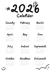 Minimalist 2026 calendar template design on one page decorated with cute doodle hand drawn isolated on white background