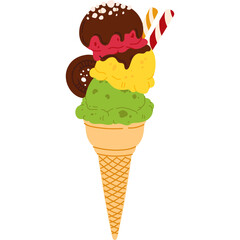 A tall ice cream cone with multiple scoops of different flavors including chocolate strawberry and mint topped with sprinkles and a cookie against a clean 