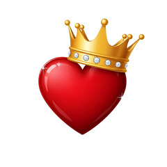 A vibrant, glossy red heart is topped with a detailed, golden crown adorned with sparkling jewels, set against a dark background