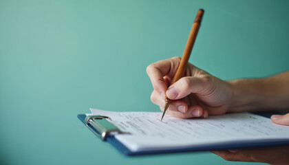 Person fills out voter registration form on clipboard. Citizen submits application for election participation. Democracy and civic duty concept.