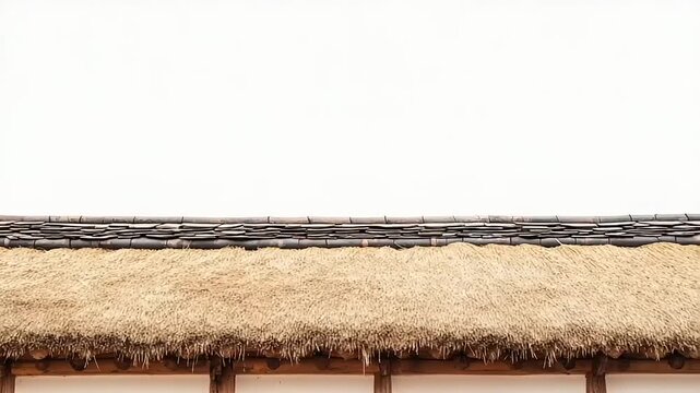 Traditional thatched roof structure detail against bright background
