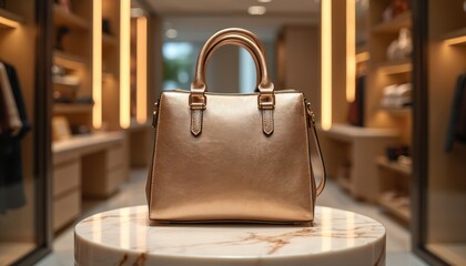 Gold luxury handbag on display. Purse with handles on marble table. Accessory in retail store. Fashion design, elegance, style, glamour for woman in fashion shop.