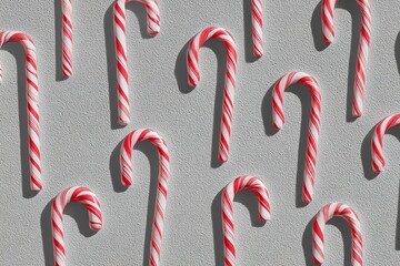 ニュートラルグレーの表面に3Dレンダリングされたキャンディーケインのデザイン