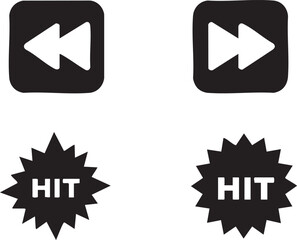 Black and white rewind and fast forward buttons with hit labels on a white surface, conveying a sense of playfulness and retro nostalgia.