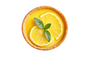 Delicious lemon tart with fresh mint leaves, sweet pastry, and citrus filling dessert, food photography, top view, isolated on transparent background