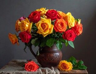 A vibrant bouquet of red and yellow roses displayed in a rustic clay vase on a wooden surface