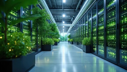 Modern data center with rows of servers and indoor plants. Tech equipment in server room with green eco design. Sustainable green tech innovation and future of digital world.