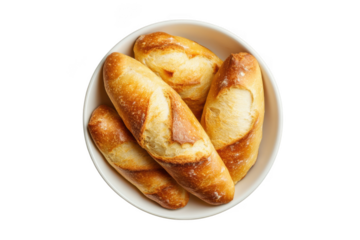 Delicious freshly baked bread sticks in a bowl, golden brown crust, perfect for breakfast or snack, food photography, bakery style isolated on transparent background