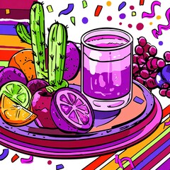 野菜の皿の上に山積みになった緑と紫、赤のサボテンの漫画