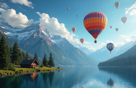 Scenic photo shows colorful hot air balloons soaring over lake and mountain range. Picturesque landscape with mountains reflected in calm water. Beautiful day for travel and vacation.