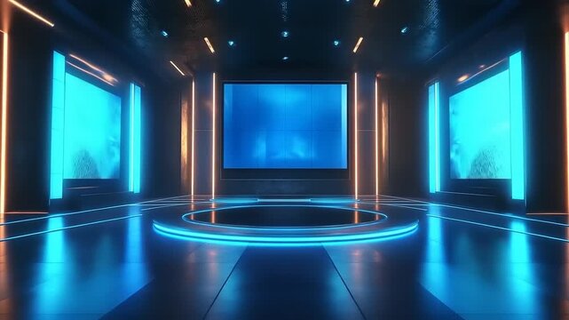 Futuristic broadcasting stage with glowing neon illumination
