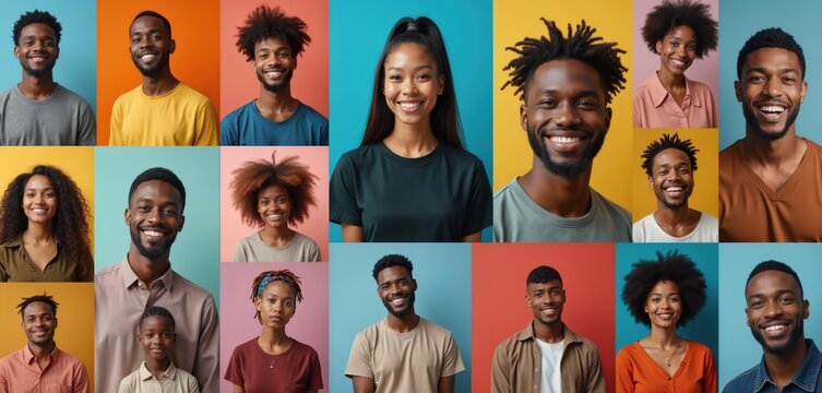 Collage of diverse people faces. Smiling men and women in studio portraits. Colorful backgrounds with various ethnic individuals. Represents unity and variety. - Powered by Adobe