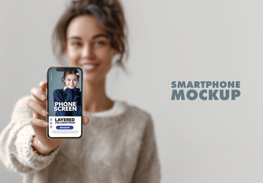 Woman holding smartphone in front of her. Mobile design mockup.