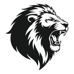 Fototapeta premium Roaring lion head with open mouth isolated on white background, showcasing power, strength, and the majestic nature of the animal