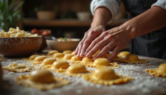 Chef makes fresh handmade ravioli on wooden surface in kitchen. Process of pasta creation involves hands shaping food. Italian cuisine meal preparation at home.