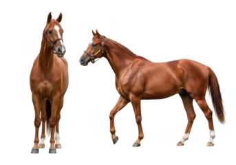 Chestnut horse standing and walking poses stock image, equine animal photography, horseback riding breed, equestrian sport, isolated on transparent background