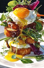 目玉焼きとカラフルな野菜を挟んだフレンチトースト。