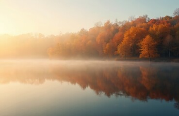 Misty lake reflects autumn forest with vibrant orange trees. Golden sunrise illuminates dense woods bordering tranquil water body. Peaceful natural scene.