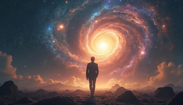 Businessman in suit walks on alien planet. He journeys towards a glowing cosmic spiral in the starlit sky. The surreal scene represents a quest for new frontiers, innovation and spiritual growth.