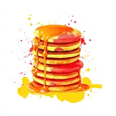 シロップと黄色と赤のペイントが飛び散ったカラフルなパンケーキ。
