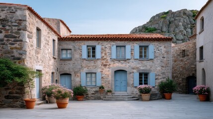 Fototapeta premium Charming traditional stone building with blue shutters and terracotta roof set in a sunlit village courtyard with potted pink flowers and rugged rocky hills in the background under a clear blue sky