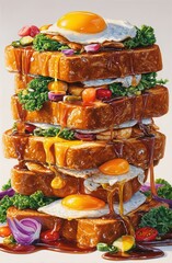 目玉焼きとカラフルな野菜を挟んだフレンチトースト。